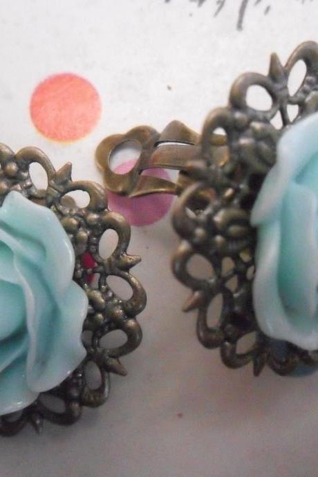 CLIP ON Aqua Blue Filigree Lace Vintage Resin Rose Earrings Flower clip-ons ear clips