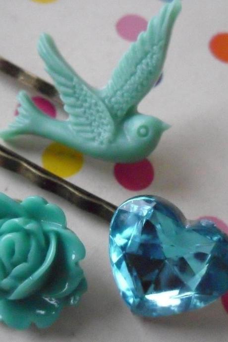 Sea Green and Teal Swallow Bobby Pin Set - bronze hair clips slides pins grips heart vintage