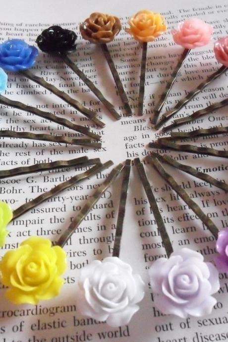 18 Colours 1 of Each Vintage Rose Bronze Bobby Pin Set - hair clips slides pins flower