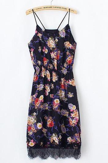 Spaghetti Strap Floral Print Dress With Lace Hem And Halter Back