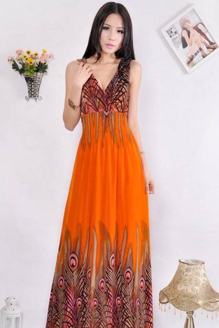Ethnic Style Sleeveless Embossing High Waist Dress - Orange
