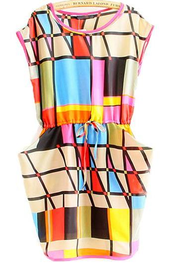 Colorful Cap Sleeve Geometric Chiffon Dress With Pockets