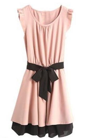 Charming Round Neck Skater Dress for Woman - Pink 