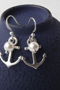 Earrings, Antique Silver Anchor And Pearls Earrings, Anchor Jewelry, Nautical Earrings, Bridesmaid Earrings, Made In Canada, Silver Ear Wire