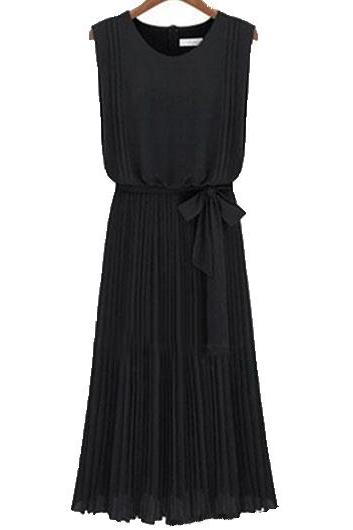 Good Quality Round Neck Sleeveless Chiffon Dress - Black