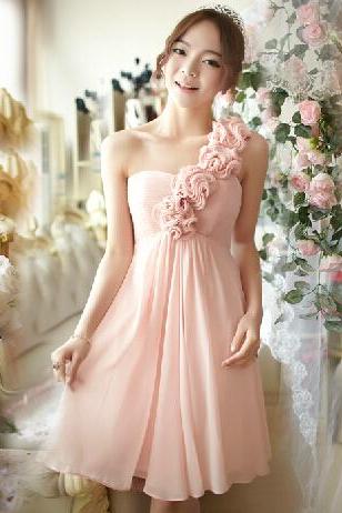Pretty Knee Length Chiffon One-Shoulder Bridesmaid Dress, Homecoming Dresses with Lace-up
