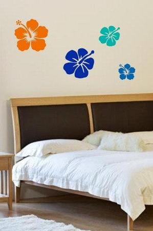 Set Of 4 Hibiscus Flowers Decal Sticker Vinyl Wall Art Graphic Hawaii Hawaiian Tiki