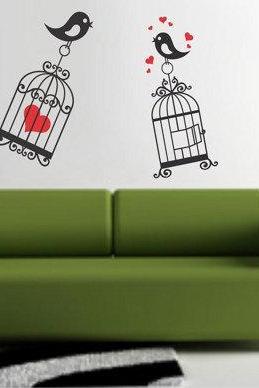 Lovebirds and Cages Decal Sticker Wall Mural Nursery Modern Kids cage Love Bird Birds Heart Hearts