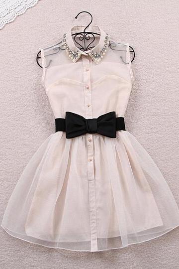 Cute Pearl Lapel Gauze High Waist Dress with Bowknot, Cute Summer Dresses