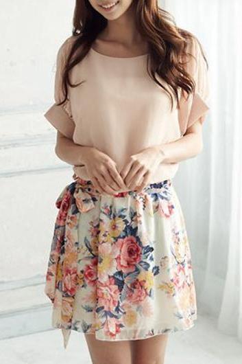 Sweet Short Sleeve Print Design Woman Mini Dress - Pink