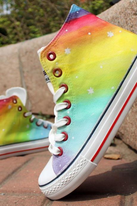 Fashion Stars Pattern Rainbow Color Hand Painted High Top Canvas Sneakers