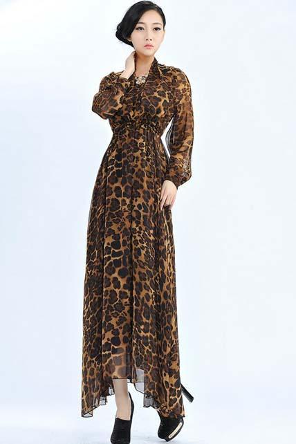 High Quality Leopard Chiffon Sheared Waist Maxi Dress For Woman 8205