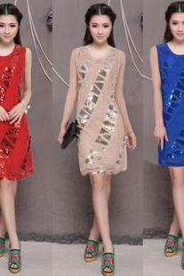Fashion Women's Sequins Decoration Special Design Evening Party Slim A-line Dress