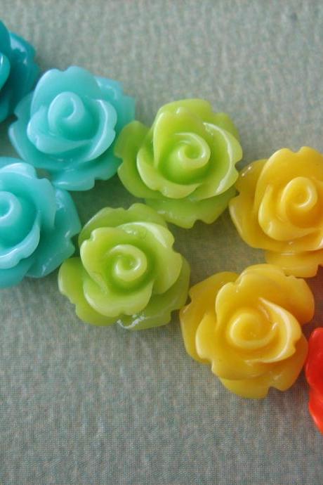 10PCS - Mini Rose Flower Cabochons - 10mm - Resin - Turquoise, Aqua, Green, Yellow and Orange - Cabochons by ZARDENIA