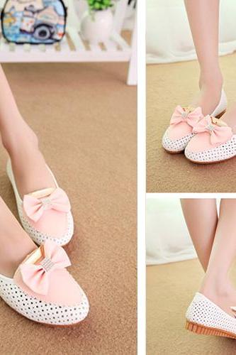 Sweet Rhinestone Bowknot Breathable Hollow Out Pointed Toe Flat Shoes [grxjy5190579]