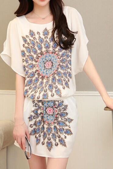 Peacock Feather Stitching Short-sleeved Dress Ax072401