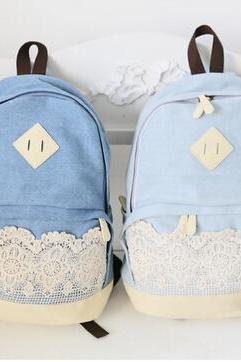  Pretty Denim Backpack Bag with Lace, Girls' Bag
