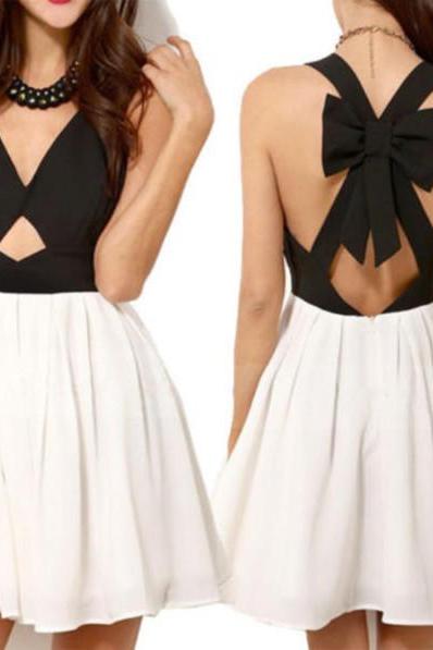 Black White Chiffon Plunge V Sleeveless Skater Dress Featuring Bow Accent Crisscross Open Back and Cutout Deets 