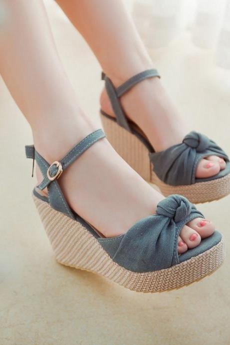 Cute Bow Knot Design Peep Toe Wedge Sandals
