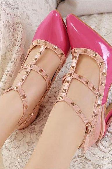 Rose Pink Rivet Design Pointed Toe High Heel Fashion Shoes