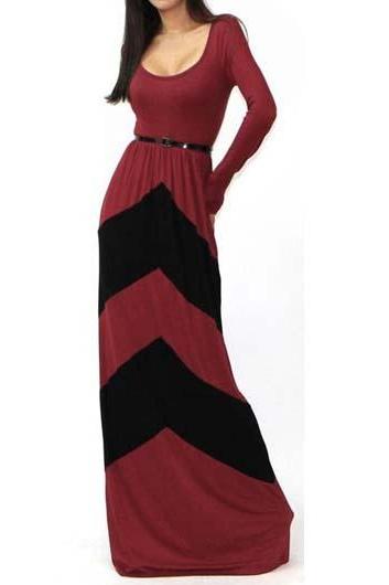 Classic Color Block Long Sleeve High Waist Dress - Red&Black
