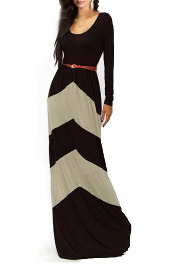 Classic Color Block Long Sleeve High Waist Dress - Black&grey
