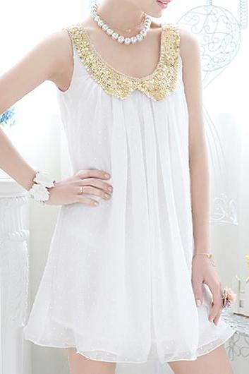 Round Neck Sleeveless Straight Dress - White