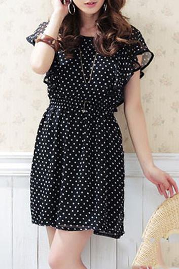 Lovely Polka Dot Design Butterfly Sleeve Chiffon Dress - Black