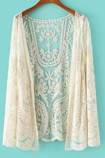 Beautiful Enchanting Long Sleeve Beige Lace Cardigans for Woman