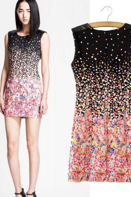 new women summer dress flower and dot mosaic gradient printing Slim waist dress WQZ13336