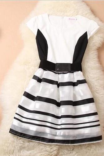 Stripe Splicing Chiffon Dress Ax073104ax