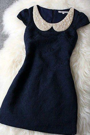 Adorable Doll Collar Pearl Rivet Dress In Deep Blue
