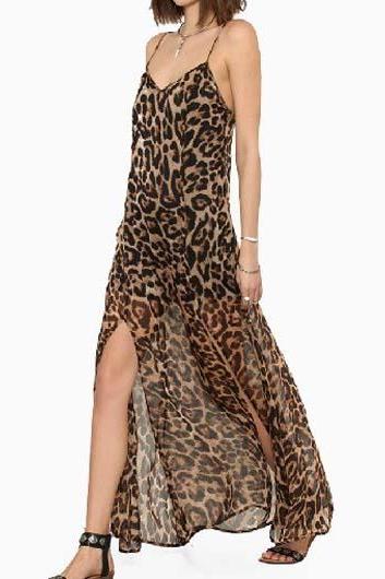 Sexy Leopard Strap Design Open Back Ankle Length Dress 
