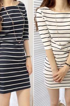 Striped Half Sleeve Slim Mini Dress
