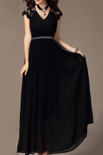 Classic Beautiful Cap Sleeve V Neck Chiffon Dress - Black