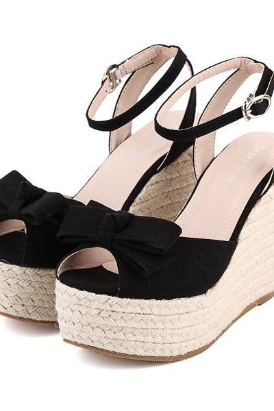 Stylish Ankle Strap Bow Design Wedge Sandals in 3 Colors