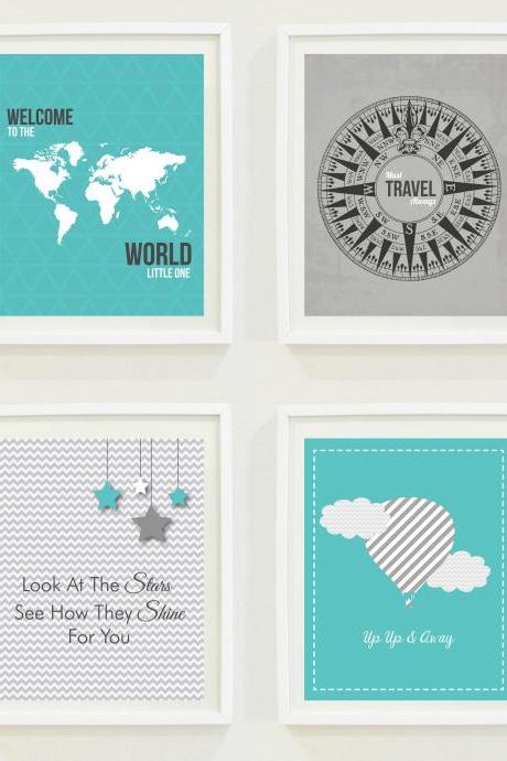 Nursery Prints: Around The World - Travel Nursery - Alphabet - Hot Air Balloon-Compass- Not All Who Wander Are Lost-Home Decor-Gallery Wall - #11102