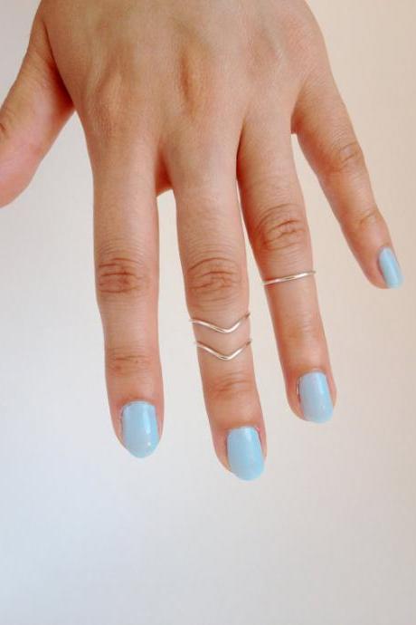 Knuckle Ring Set Of 3 Handmade 2 Chevron 1 Band Adjustable Midi Stacking Dainty Silver Tone