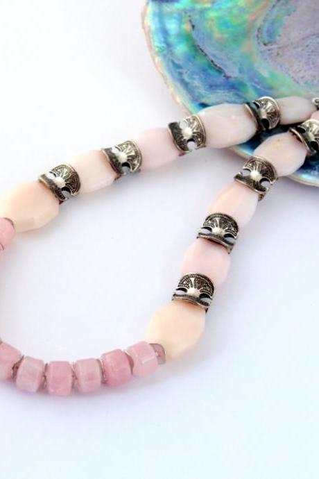 Natural Pink Opal and Rose Quartz Necklace, Gemstone Beaded Jewellery