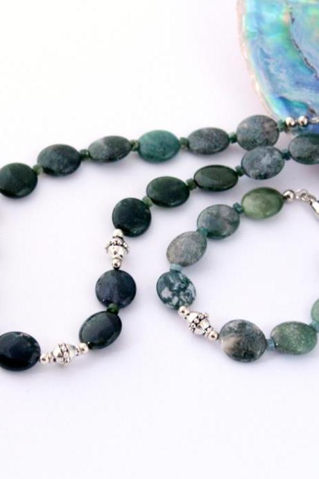 Moss Agate Necklace and Bracelet or Long Necklace