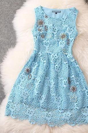 Fashion Beads Lace Sleeveless Dress