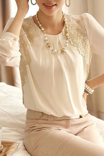 Long Sleeve White Chiffon and Lace Top