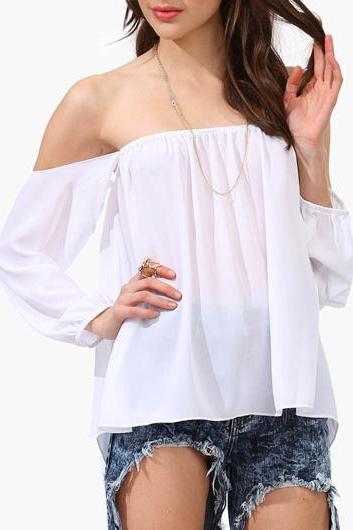 White Elasticised Off-the-shoulder Long Cuffed Sleeves Blouse