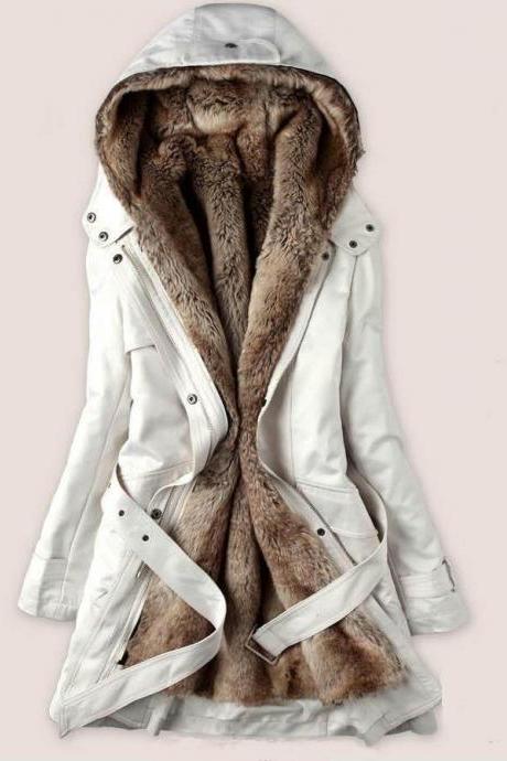 READY FOR SHIPPING Fur Coats White Parka Jacket with Super Smooth Thick Faux Fur Lining for Women