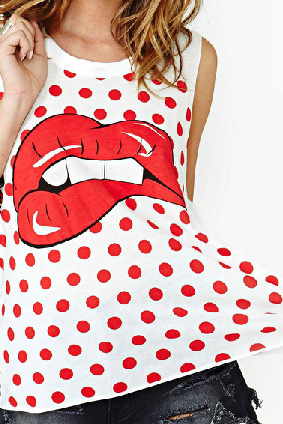 Big Red Lips Printed Round Little Woman Vest Sleeveless T Shirt Ax082101ax