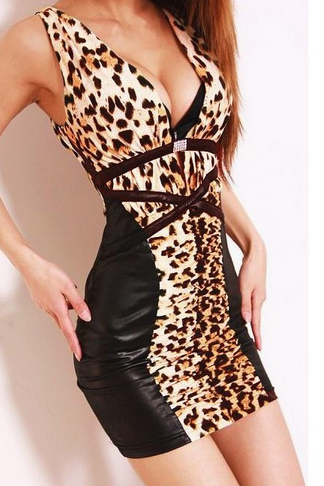 Sleeveless V-neck Vest Dress Stitching Package Hip Leopard Ax082104ax