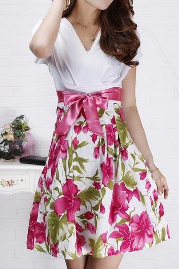 High Quality V Neck Short Sleeve Woman Dress - White&Rose 