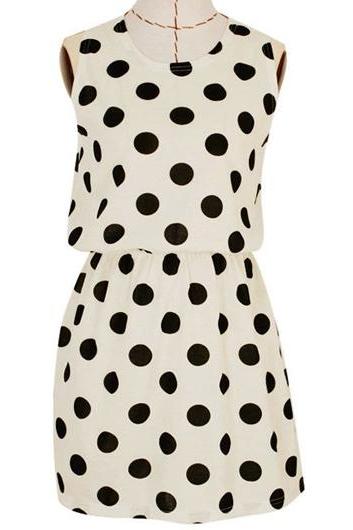 Chic Polka Dot Print Round Neck Woman Tank Dress - White