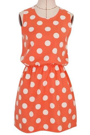 Chic Polka Dot Print Round Neck Woman Tank Dress - Orange 