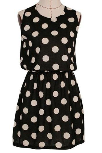 Chic Polka Dot Print Round Neck Woman Tank Dress - Black 